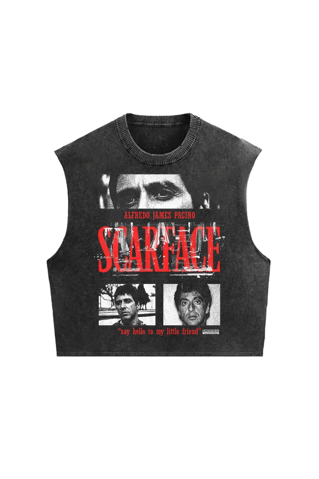Acid wash Scarface Unplugged oversized vest by Jnorss featuring a graphic print on the front, casual streetwear style.
