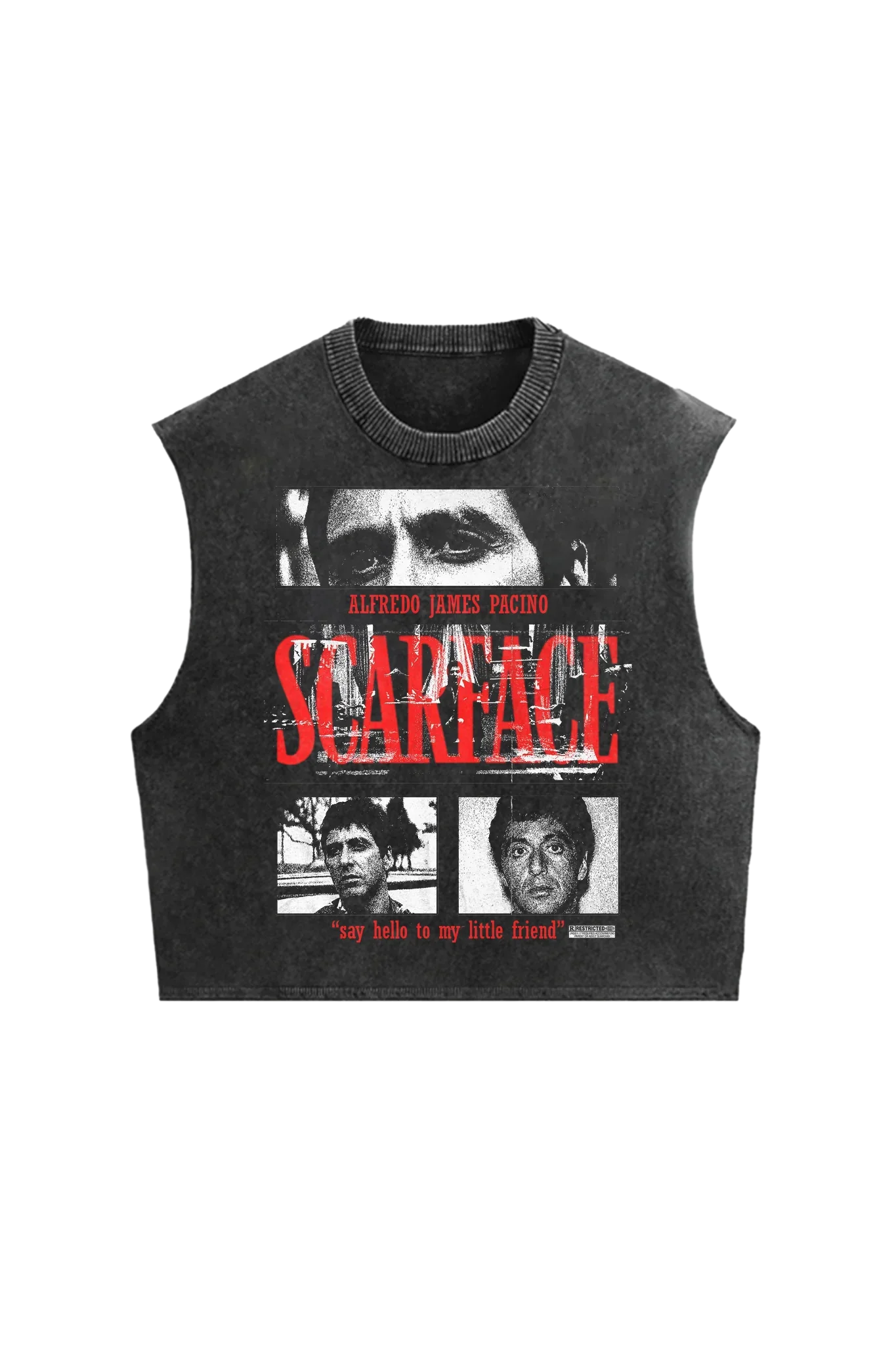 Acid wash Scarface Unplugged oversized vest by Jnorss featuring a graphic print on the front, casual streetwear style.