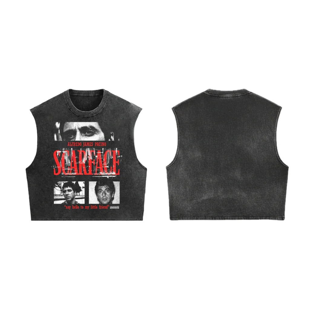 Acid wash Scarface Unplugged oversized vest by Jnorss with graphic design, relaxed fit, and streetwear style.
