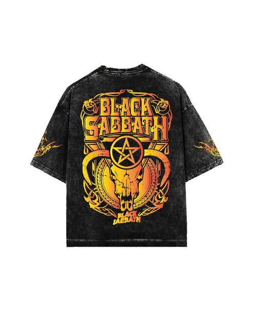 Black Sabbath vintage oversized acid wash T-shirt by MB, featuring band logo and distressed fabric for a retro rock look.