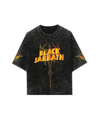 Black Sabbath vintage oversized acid wash T-shirt by MB featuring band logo and distressed fabric, casual music-inspired apparel.