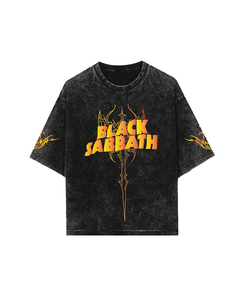Black Sabbath vintage oversized acid wash T-shirt by MB featuring band logo and distressed fabric, casual music-inspired apparel.