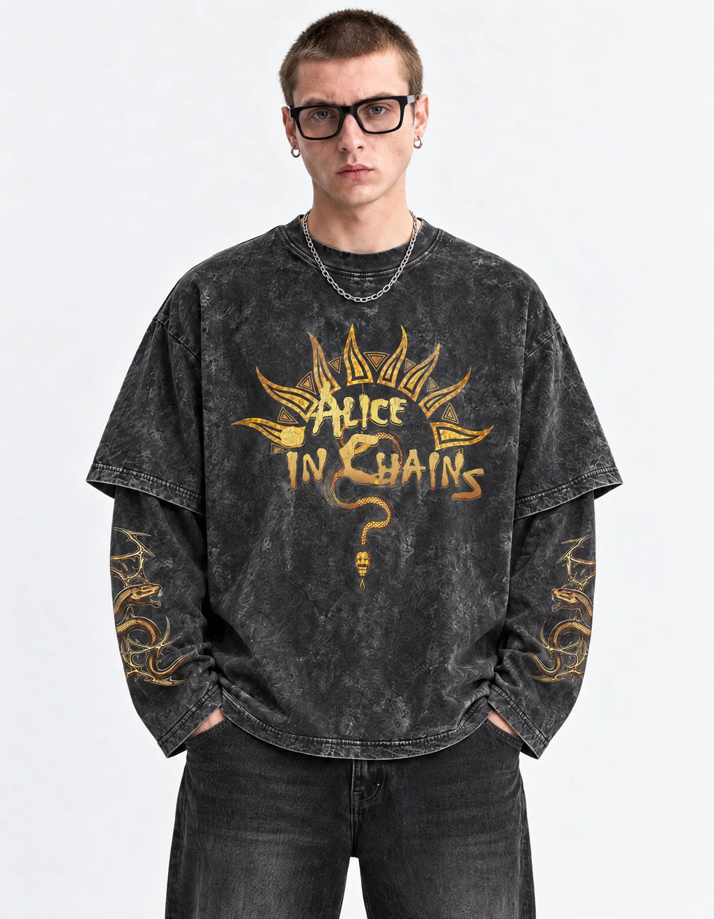 Alice In Chains Oversized Layered Tee — front view on model