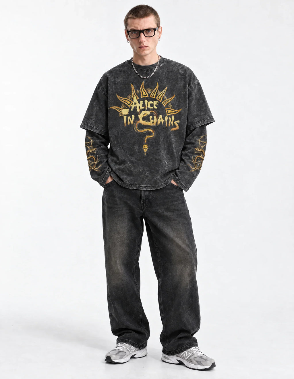 Alice In Chains Oversized Layered Tee — full-body view on model