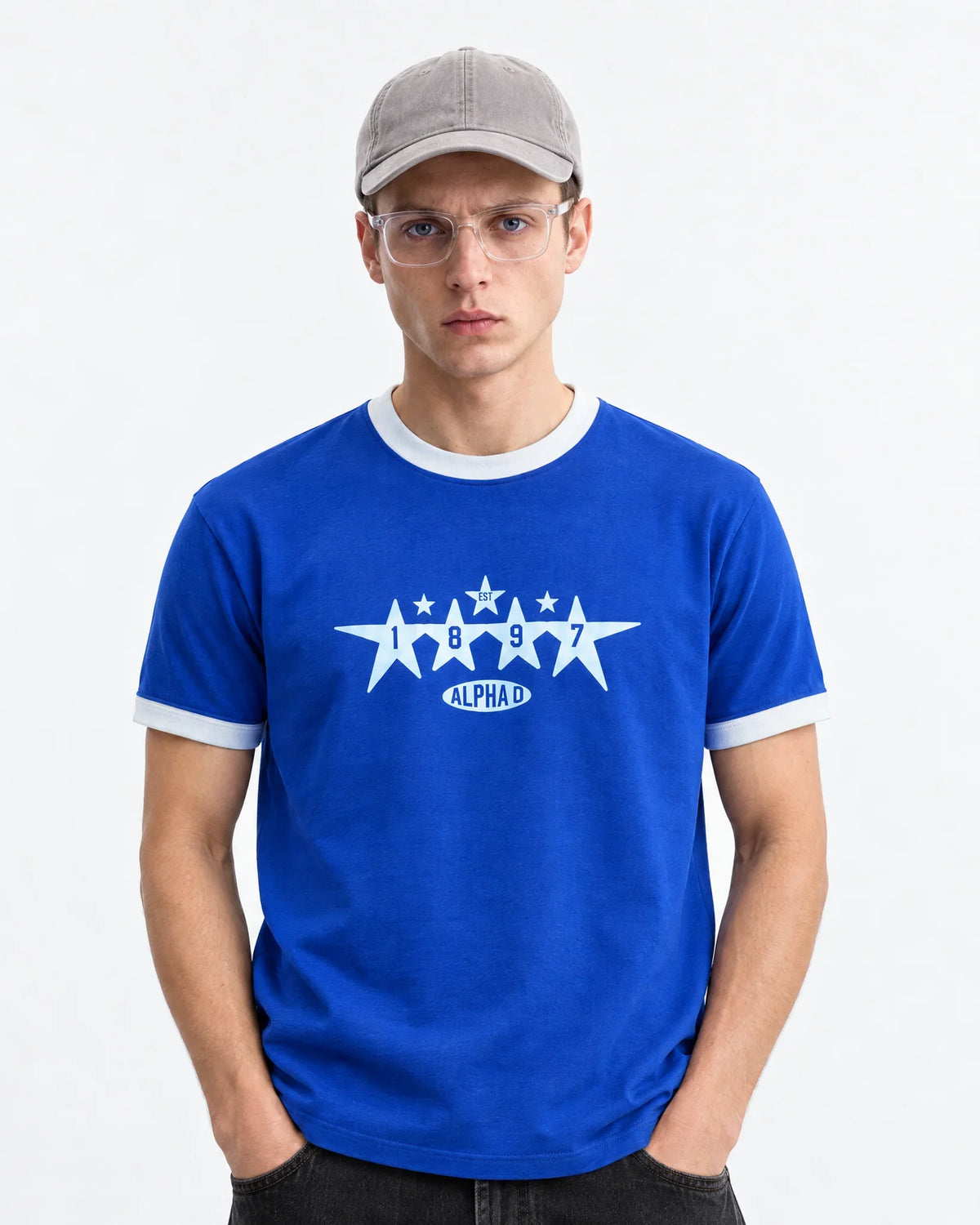 Alpha Star Ringer Tees — front view on model