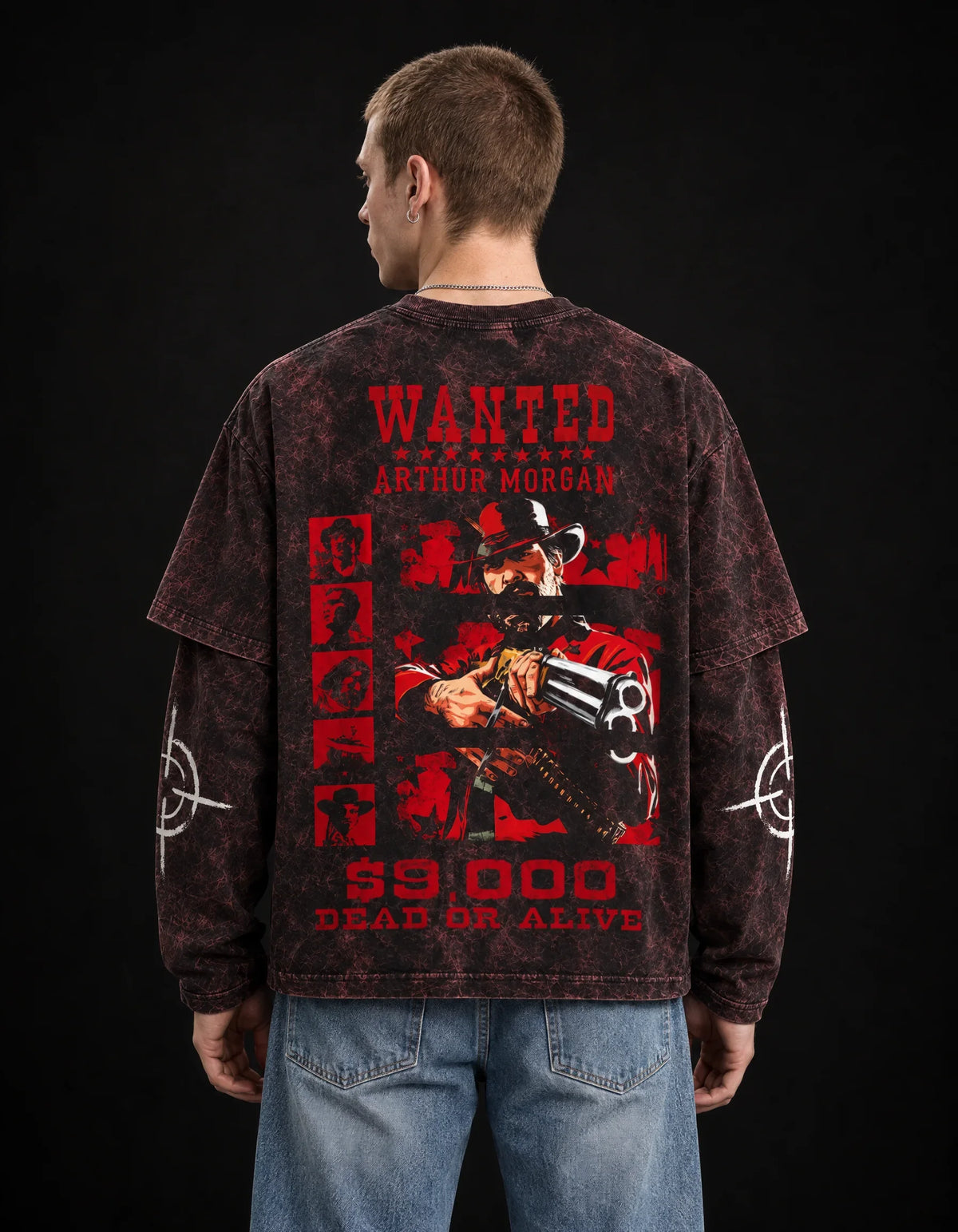 Arthur Morgan Wanted Long Sleeve Acid Wash Tee — back view on model