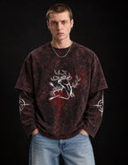 Arthur Morgan Wanted Long Sleeve Acid Wash Tee — front view on model