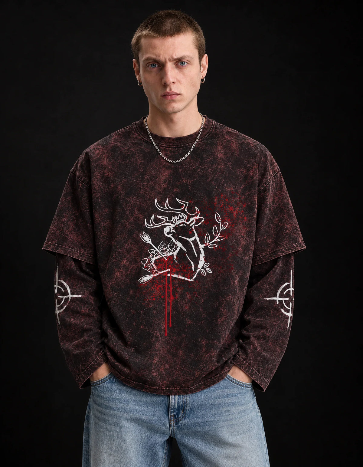 Arthur Morgan Wanted Long Sleeve Acid Wash Tee — front view on model