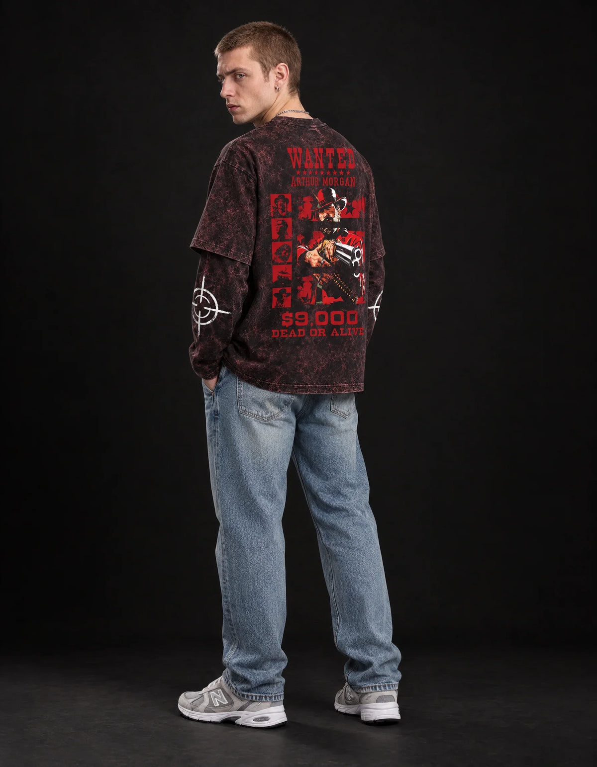 Arthur Morgan Wanted Long Sleeve Acid Wash Tee — full-body view on model