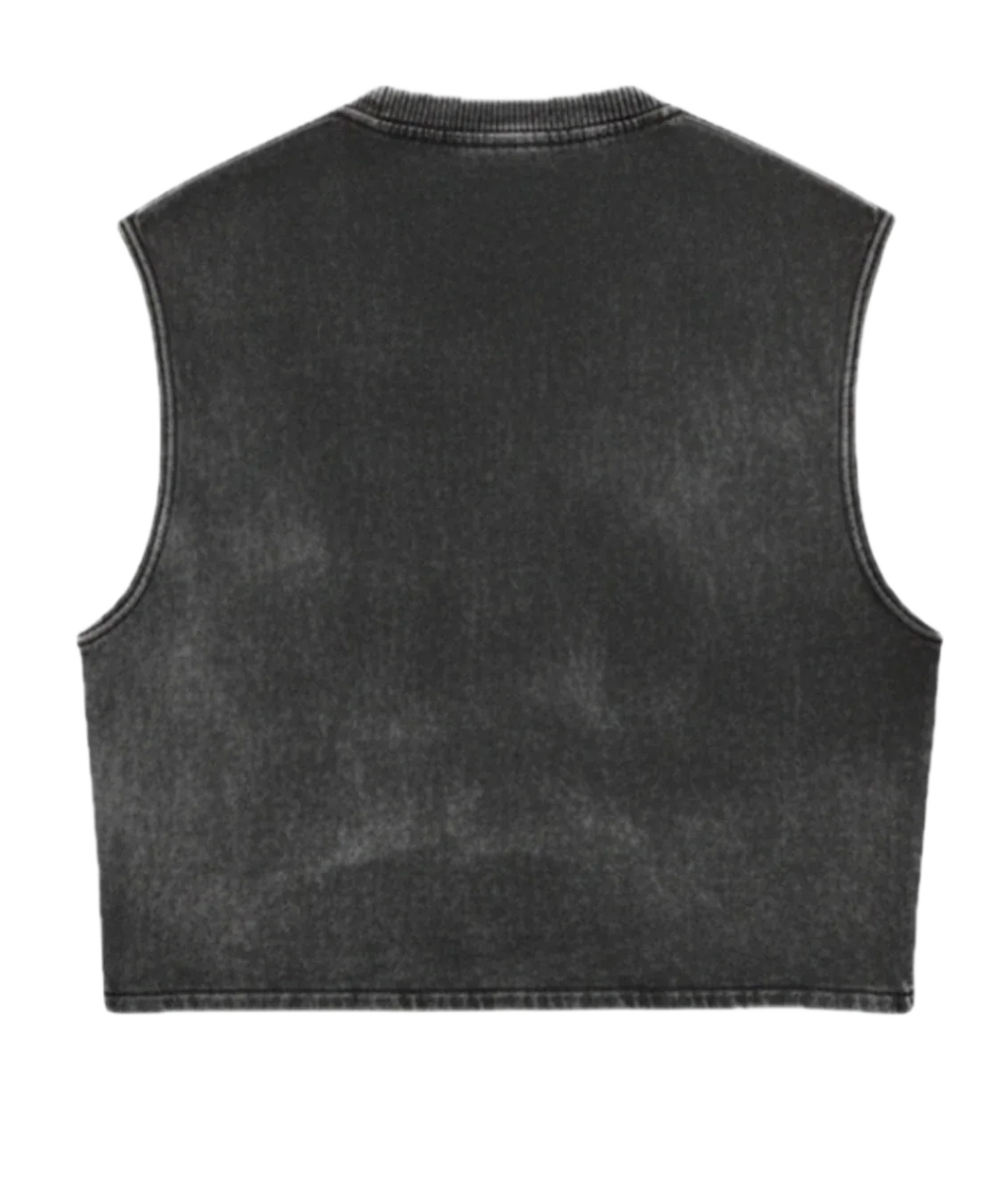 Back view of Jnorss acid wash oversized vest with sleeveless tank design, showcasing relaxed fit and distressed denim style.