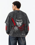 Berserk Grey Acid-Wash  Oversized Layered Graphic T-shirt — back view on model
