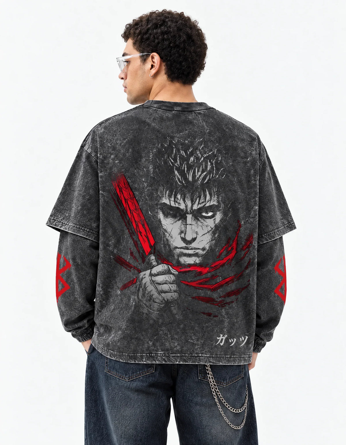 Berserk Grey Acid-Wash  Oversized Layered Graphic T-shirt — back view on model