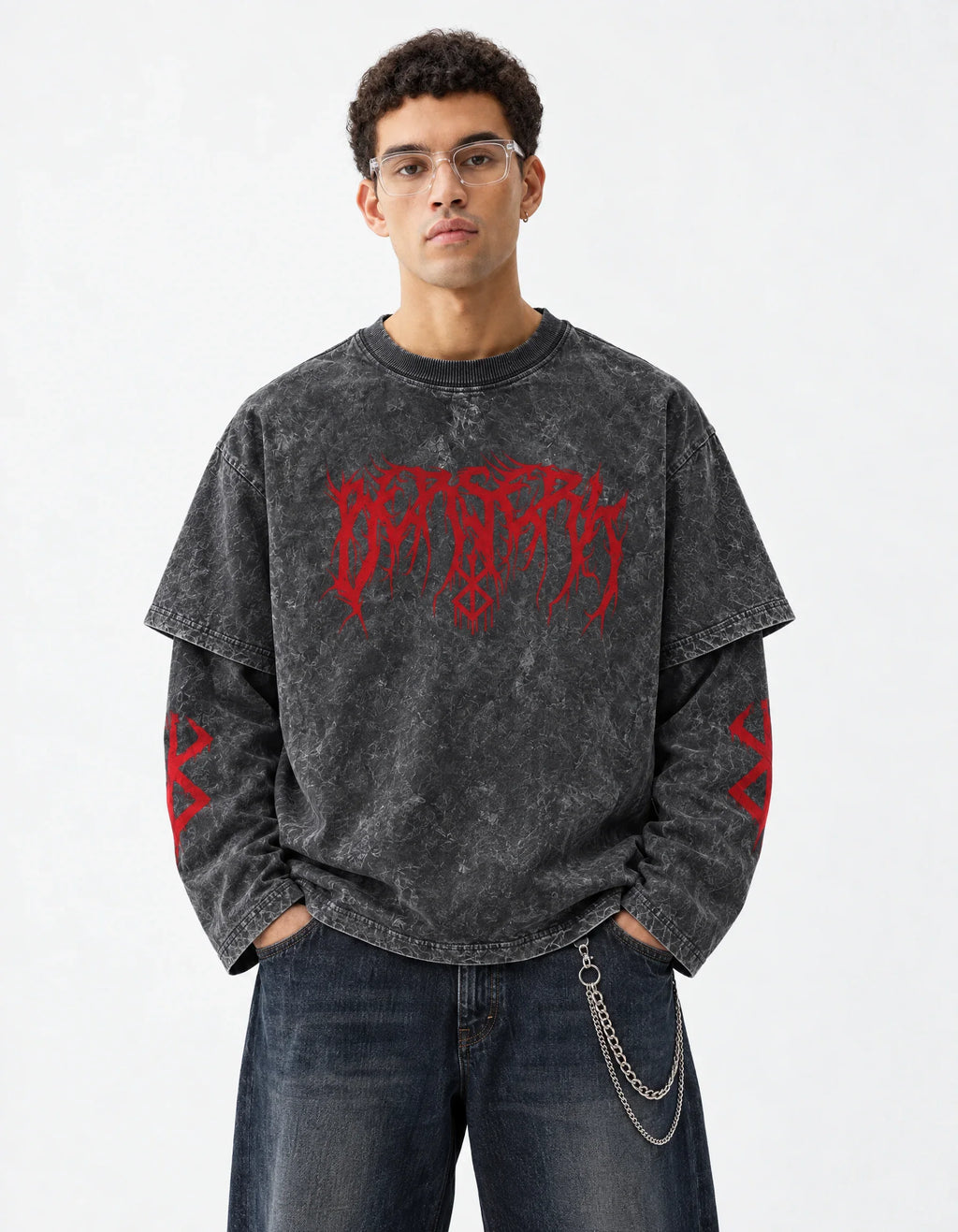 Berserk Grey Acid-Wash  Oversized Layered Graphic T-shirt — front view on model