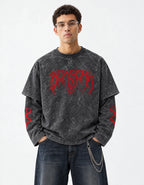 Berserk Grey Acid-Wash  Oversized Layered Graphic T-shirt — front view on model