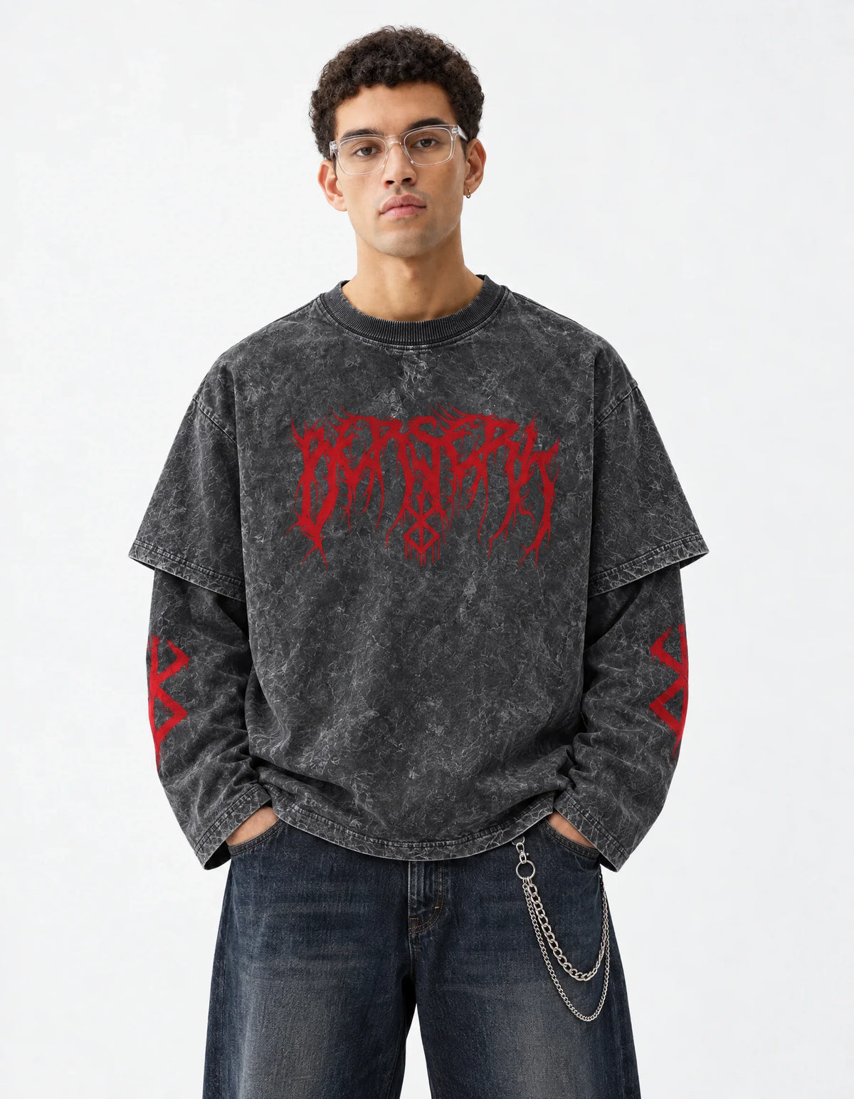 Berserk Grey Acid-Wash  Oversized Layered Graphic T-shirt — front view on model