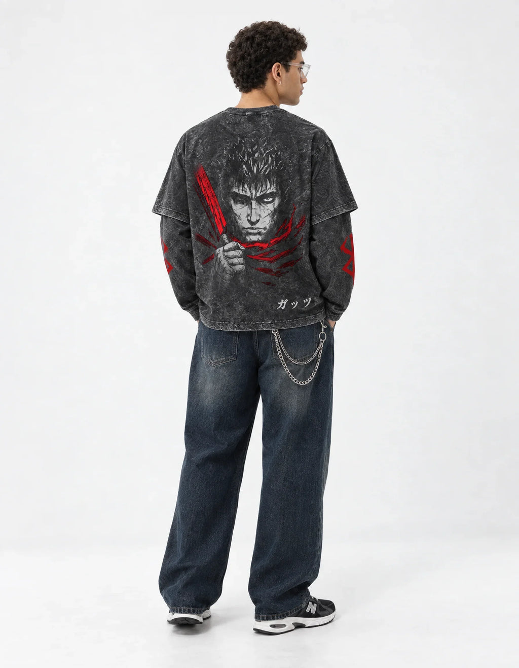 Berserk Grey Acid-Wash  Oversized Layered Graphic T-shirt — full-body view on model