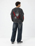 Berserk Grey Acid-Wash  Oversized Layered Graphic T-shirt — full-body view on model