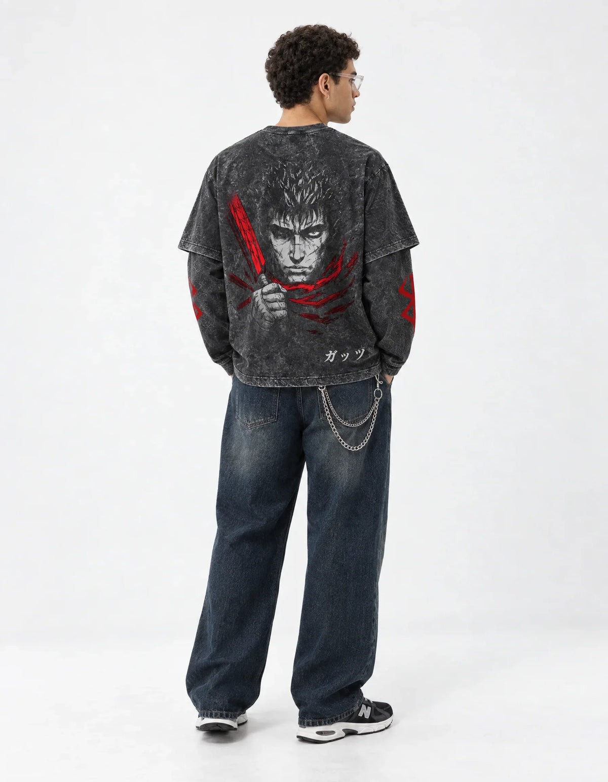 Berserk Grey Acid-Wash  Oversized Layered Graphic T-shirt — full-body view on model