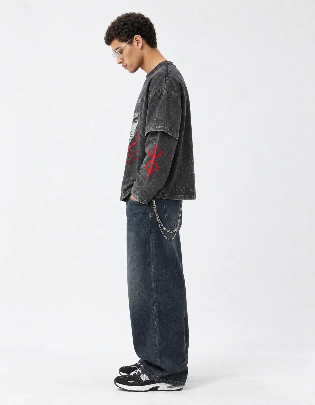 Berserk Grey Acid-Wash  Oversized Layered Graphic T-shirt — side view on model showing layered sleeves
