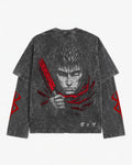 Berserk Grey Acid-Wash  Oversized Layered Graphic T-shirt