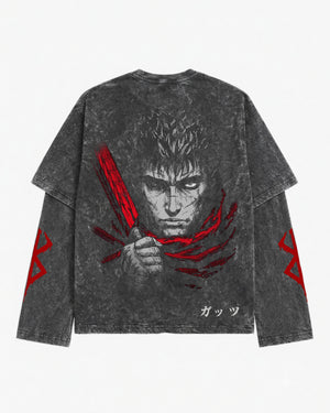 Berserk Grey Acid-Wash  Oversized Layered Graphic T-shirt