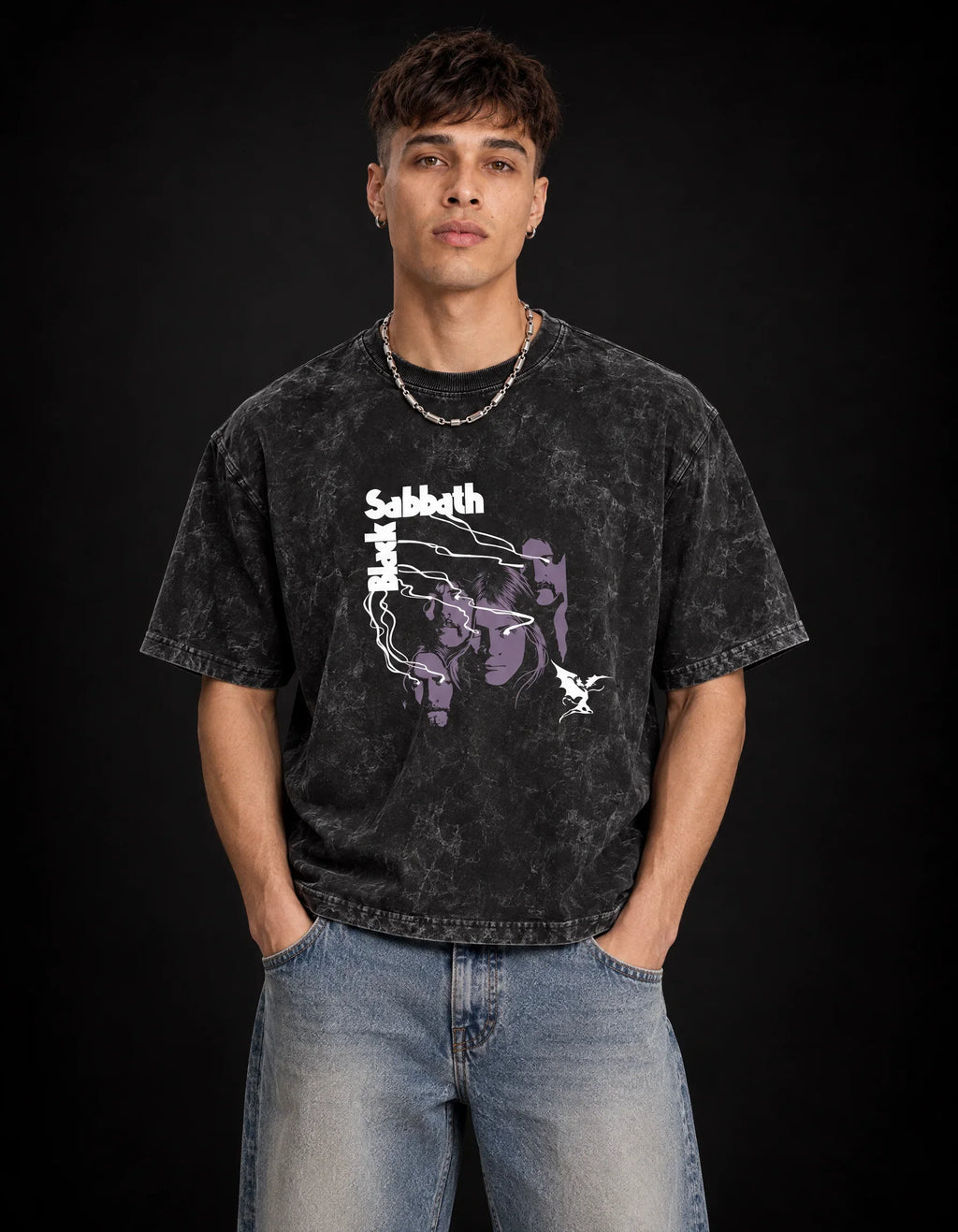 Black Sabbath Purple Eclipse Boxy Acid Wash Tee — front view