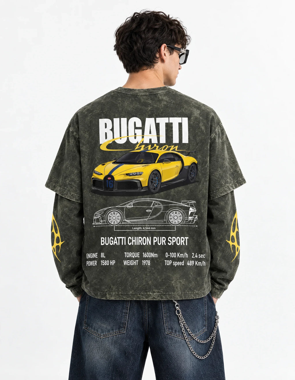 Bugatti Chiron Pur Sport Vintage Wash Layered Full Sleeve T-Shirt — back view on model