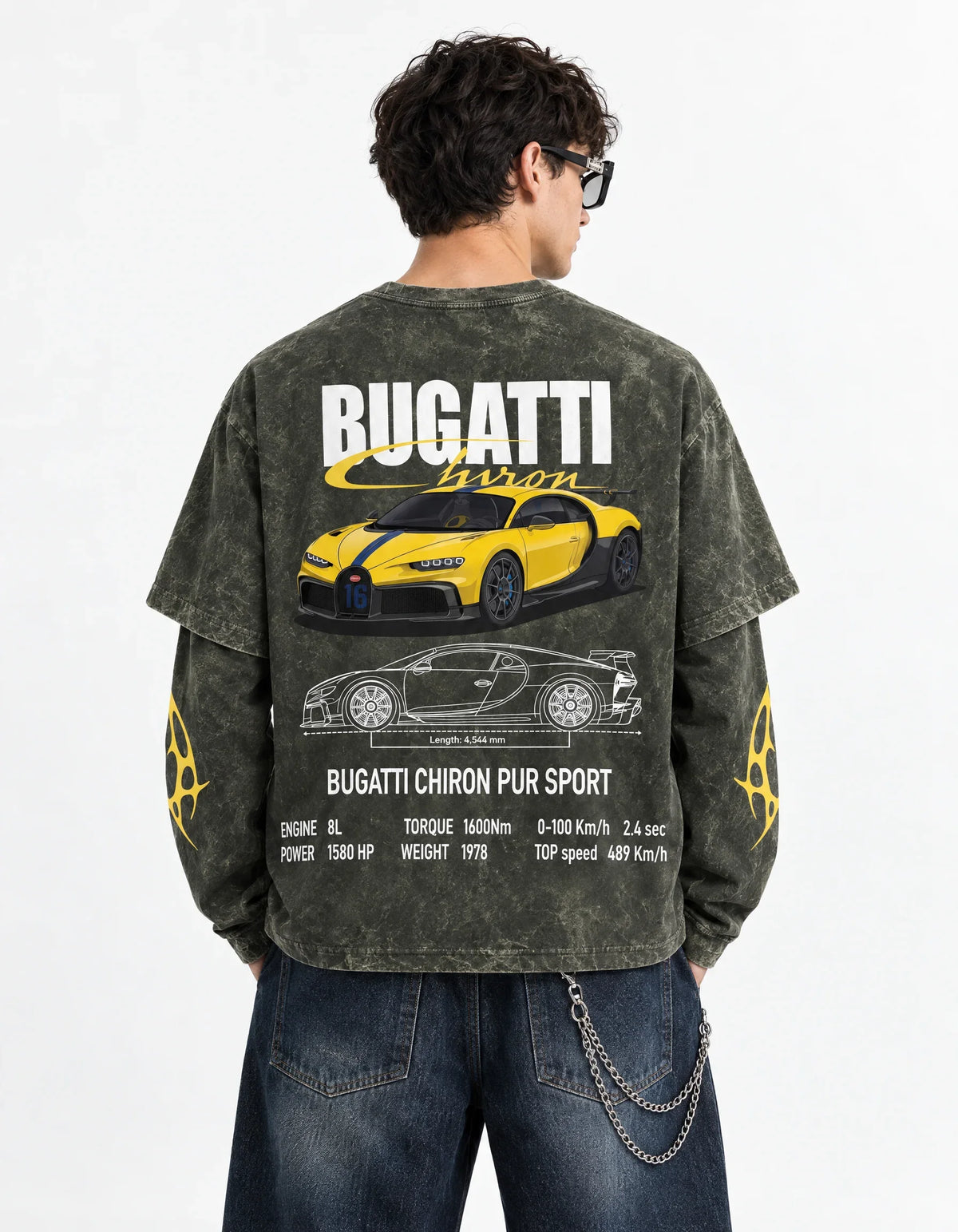 Bugatti Chiron Pur Sport Vintage Wash Layered Full Sleeve T-Shirt — back view on model