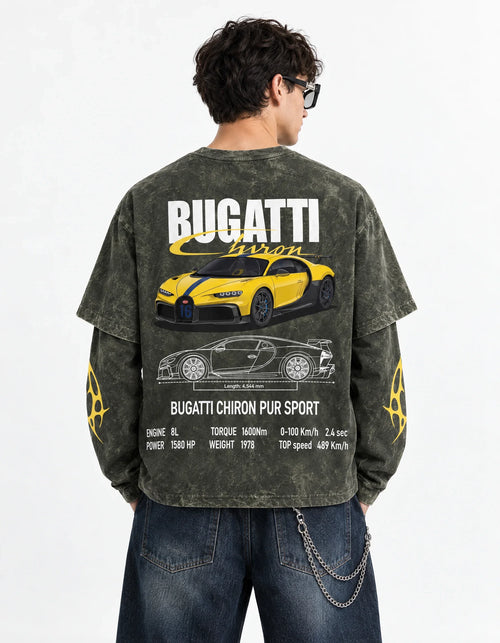 Bugatti Chiron Pur Sport Vintage Wash Layered Full Sleeve T-Shirt — back view on model