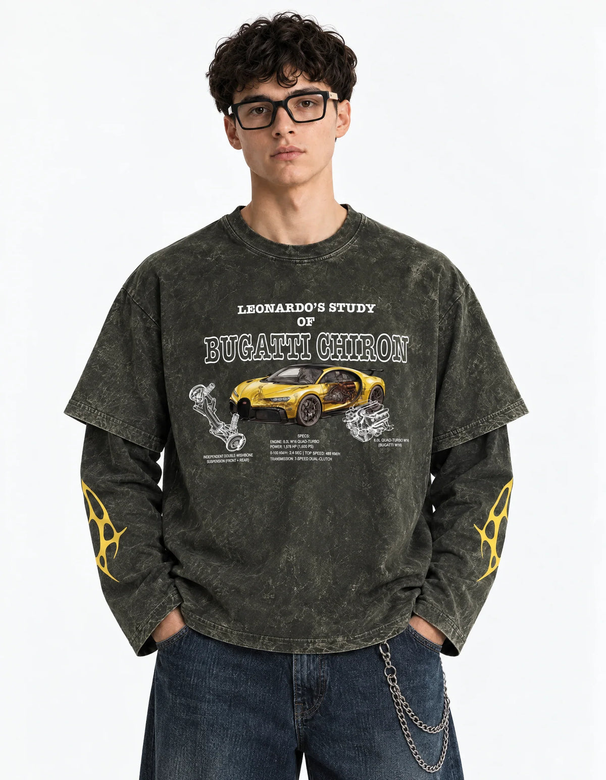 Bugatti Chiron Pur Sport Vintage Wash Layered Full Sleeve T-Shirt — front view on model