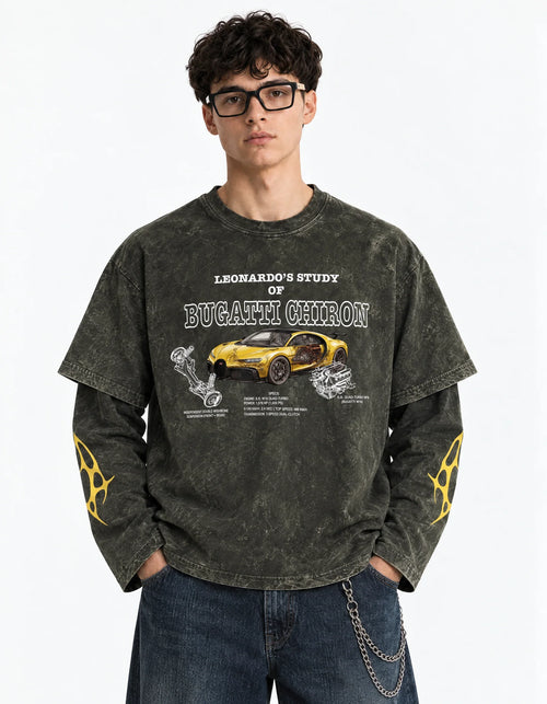 Bugatti Chiron Pur Sport Vintage Wash Layered Full Sleeve T-Shirt — front view on model