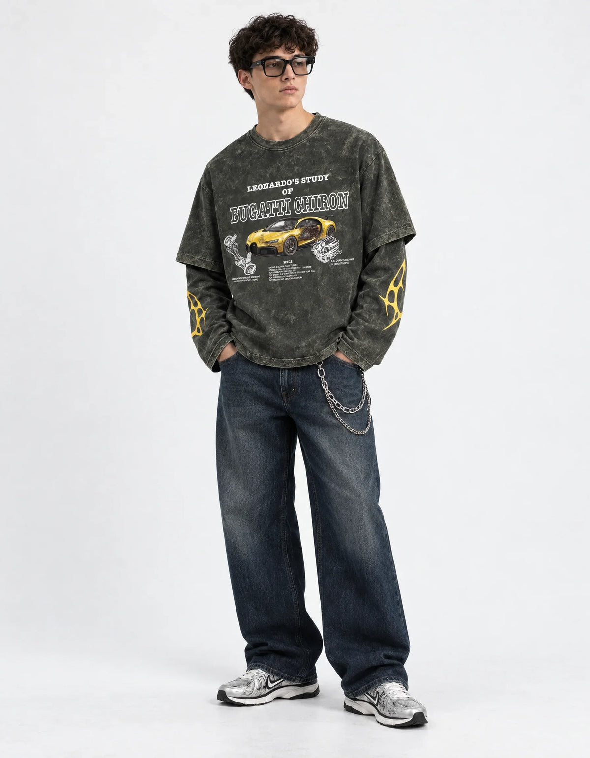 Bugatti Chiron Pur Sport Vintage Wash Layered Full Sleeve T-Shirt — full-body view on model