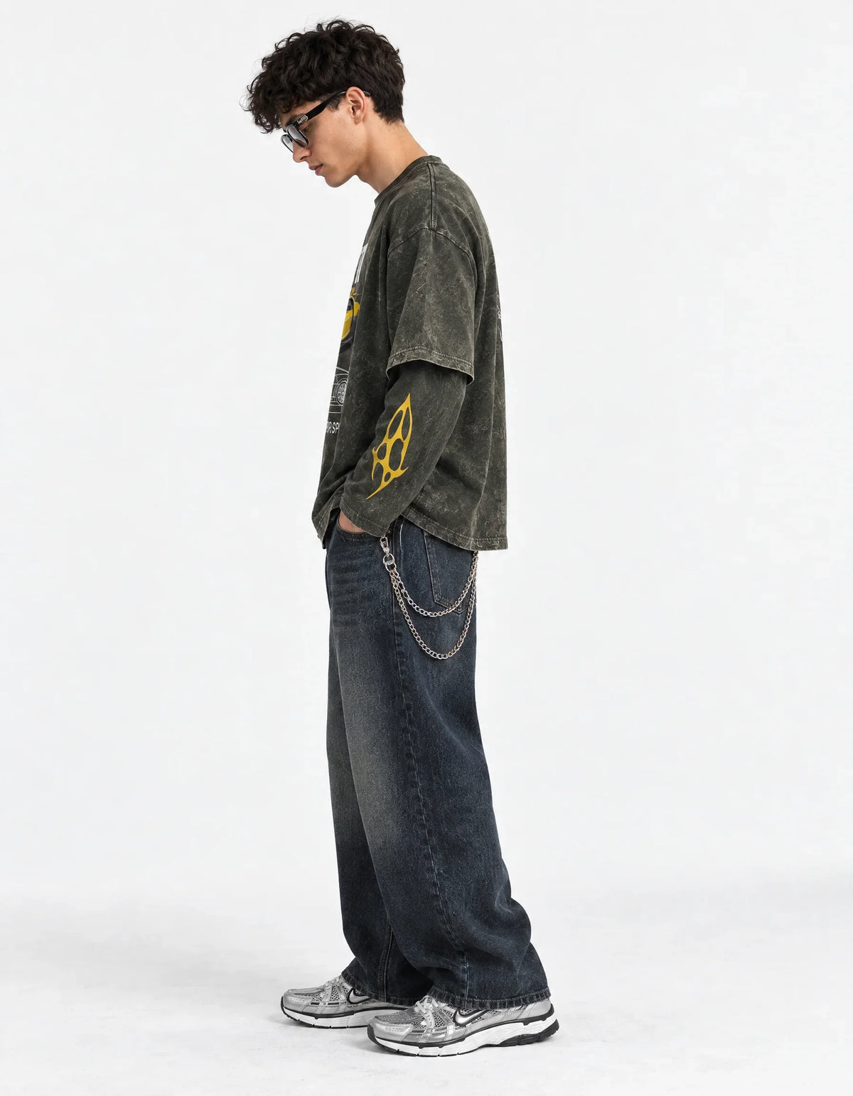 Bugatti Chiron Pur Sport Vintage Wash Layered Full Sleeve T-Shirt — side view on model showing layered sleeves