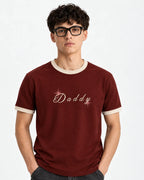 Daddy Contrast Ringer Tee — front view on model