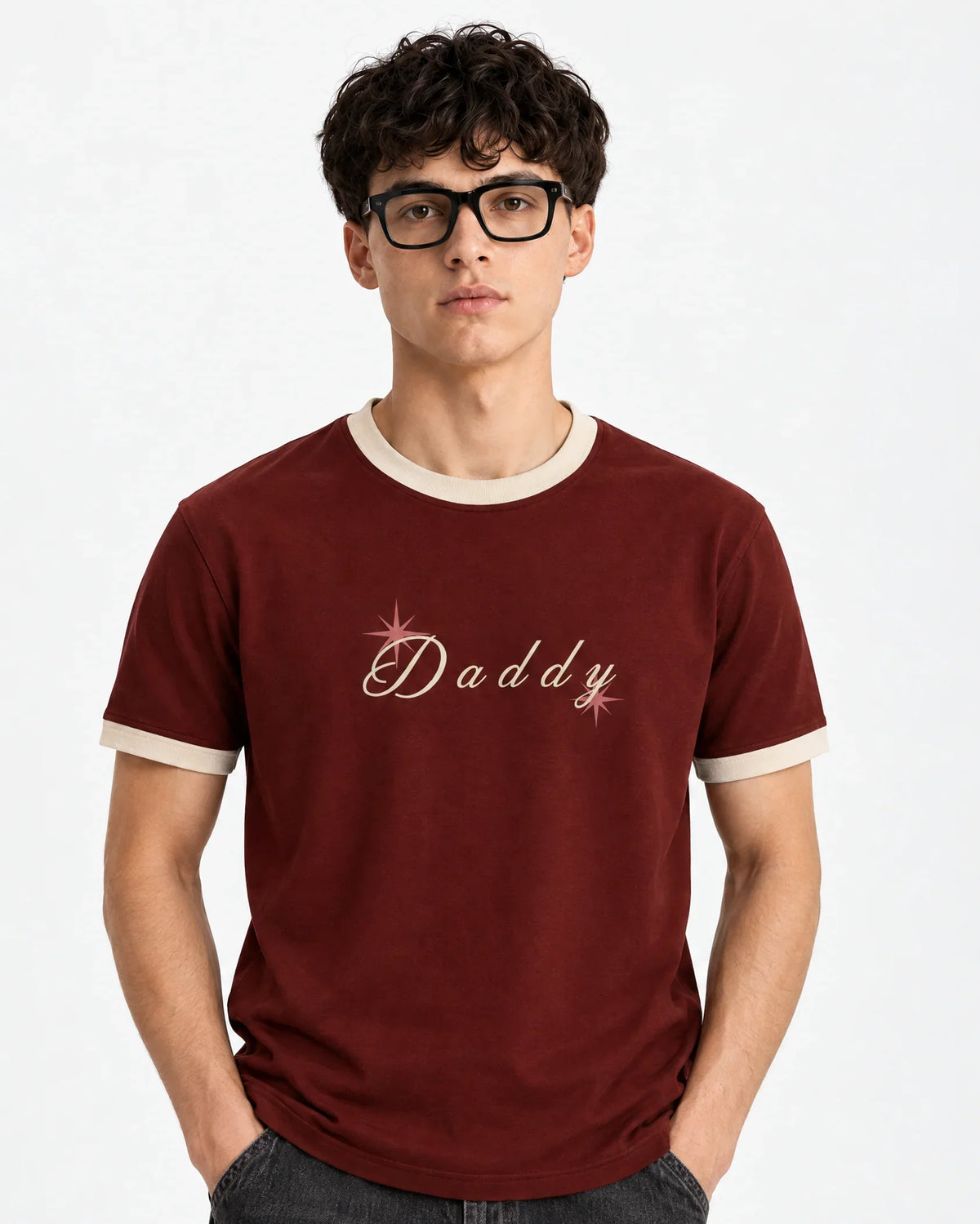 Daddy Contrast Ringer Tee — front view on model