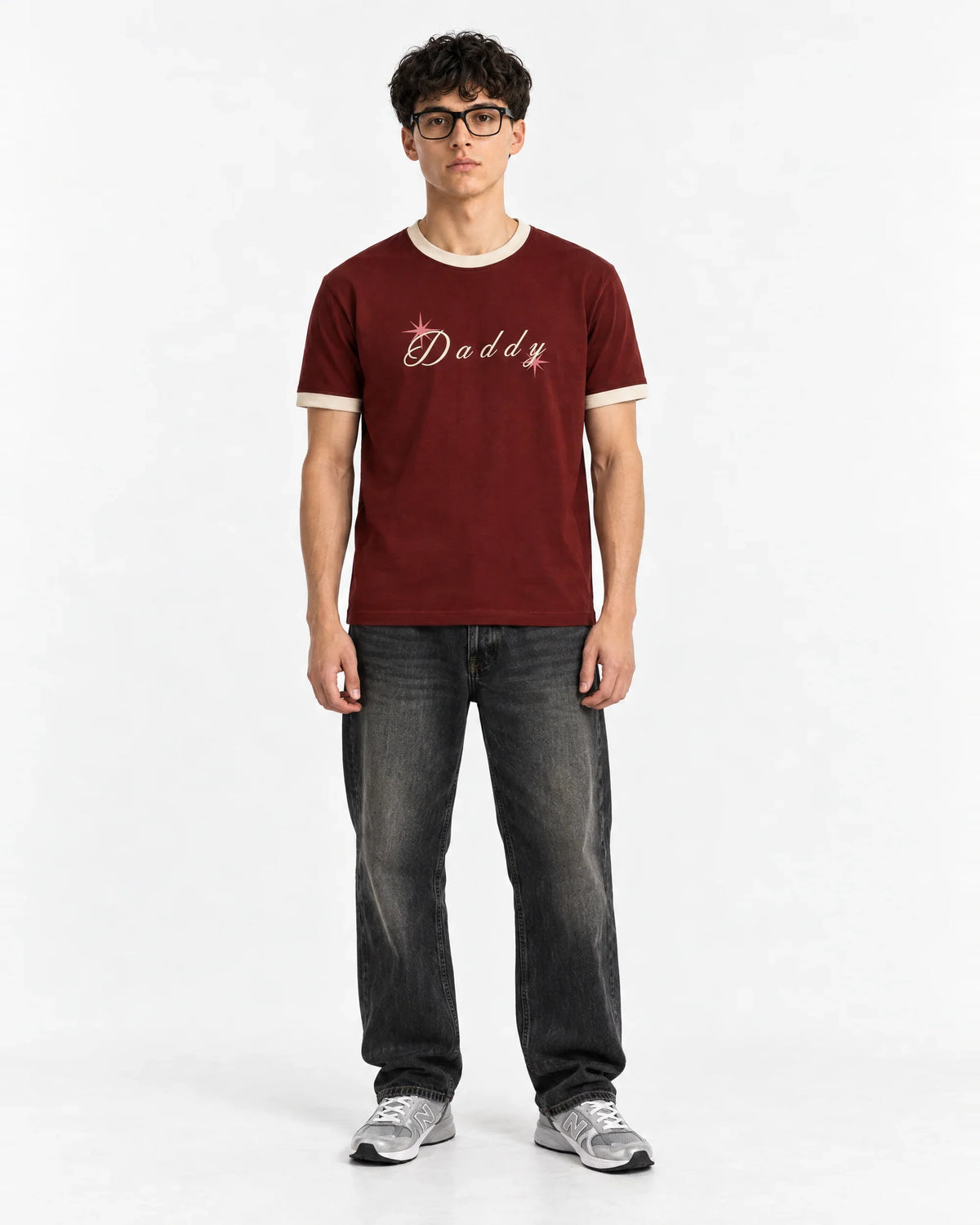 Daddy Contrast Ringer Tee — full-body front view on model