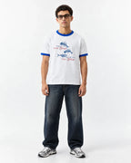 Dead Fish Ringer Tee — full-body front view on model