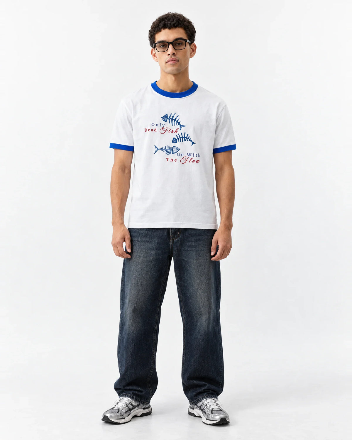 Dead Fish Ringer Tee — full-body front view on model