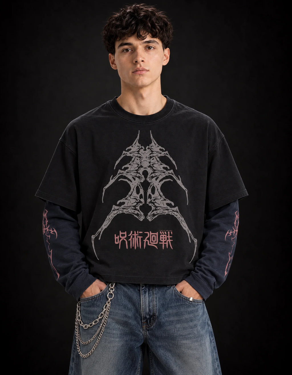 Sukuna Designed B&W Long Sleeve T-shirt — front view