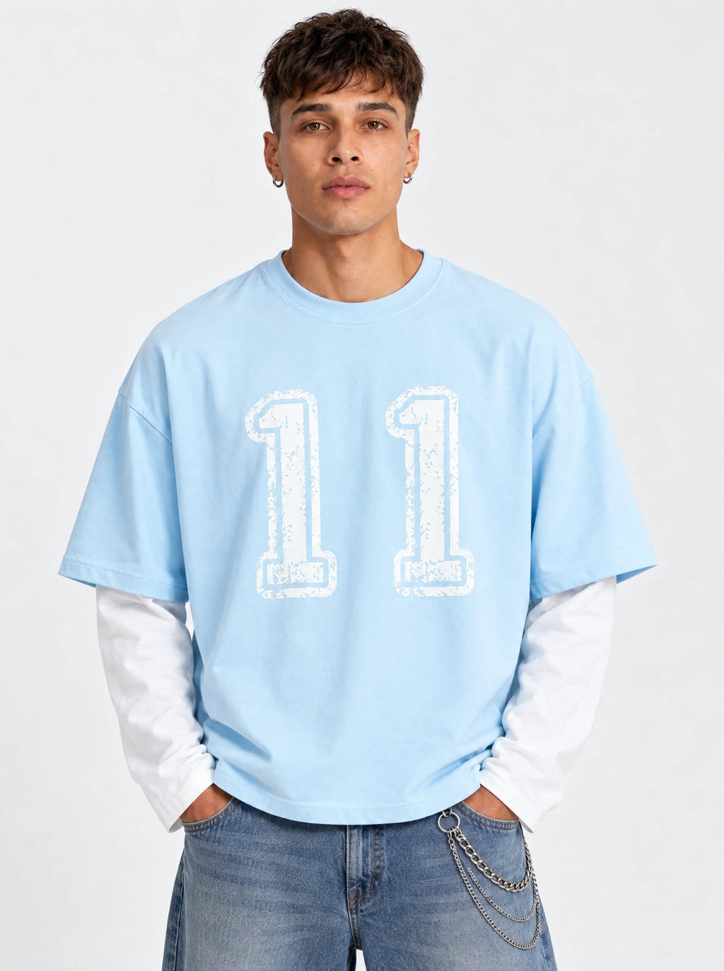 Sky Blue & White  Oversized Layered “11” Graphic T-Shirt — front view