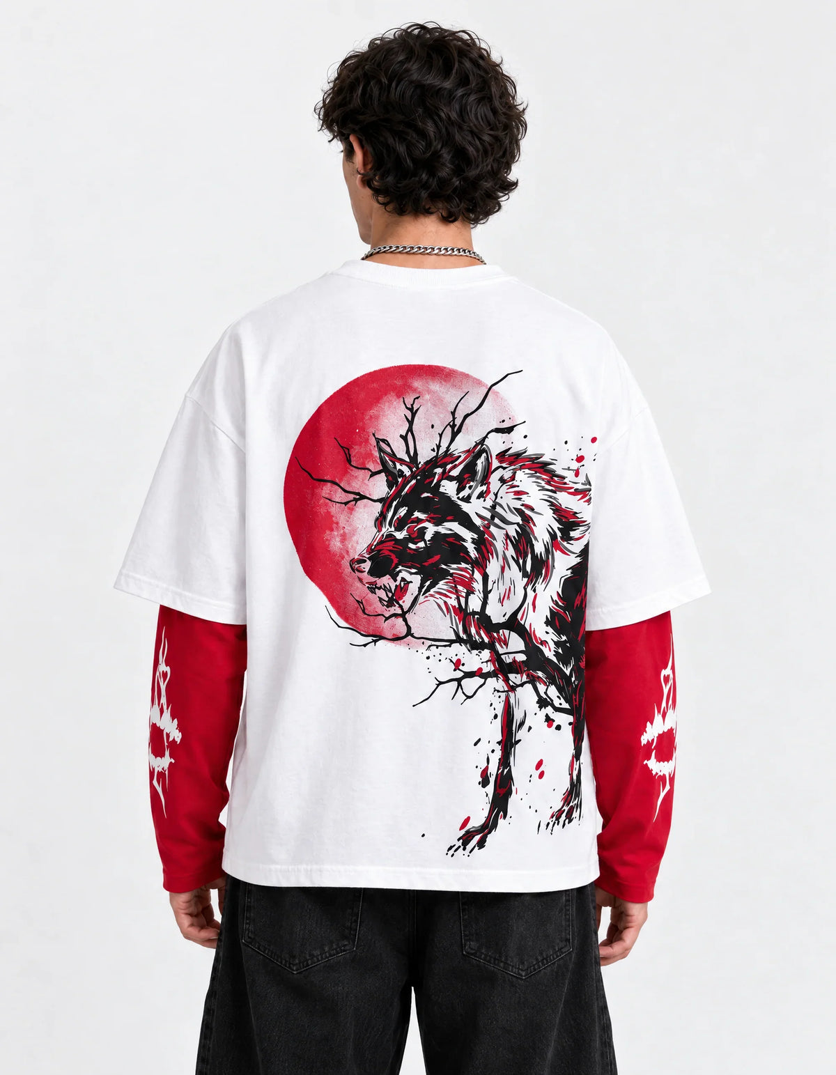 Red Moon Wolf Layered Ovesized Tee — back view