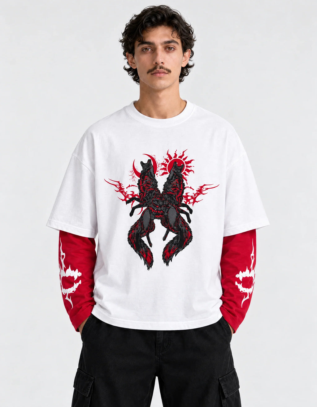 Red Moon Wolf Layered Ovesized Tee — front view