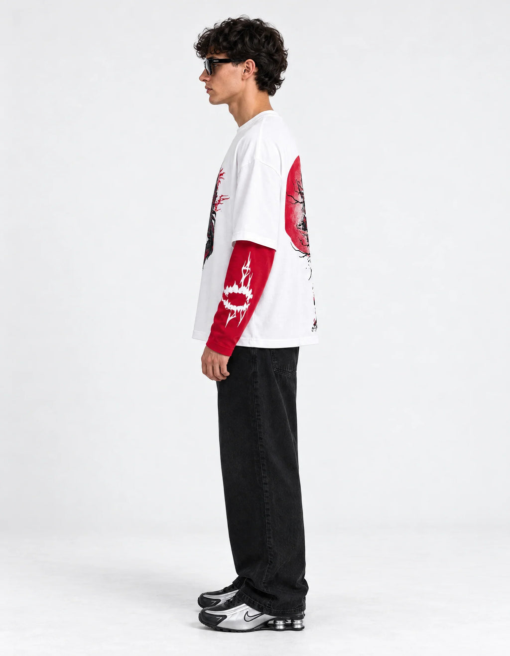 Red Moon Wolf Layered Ovesized Tee — side view