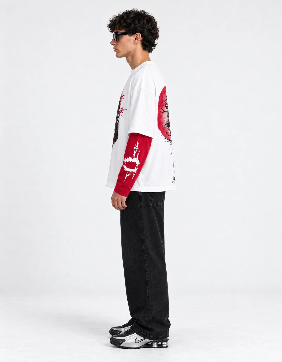 Red Moon Wolf Layered Ovesized Tee — side view