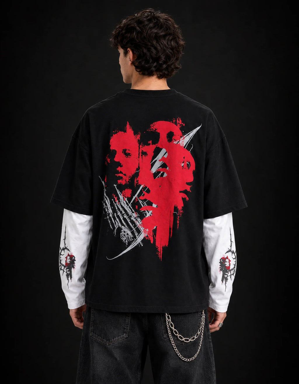 Crimson Chaos Layered Oversized  Tee — back view