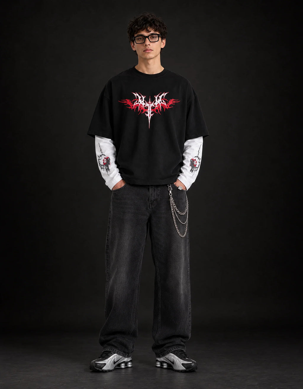 Crimson Chaos Layered Oversized  Tee — full-body view