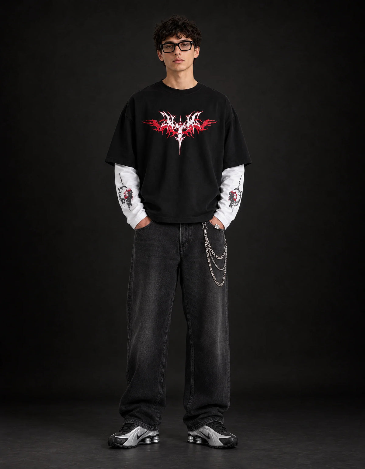 Crimson Chaos Layered Oversized  Tee — full-body view