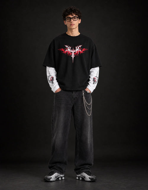Crimson Chaos Layered Oversized  Tee — full-body view