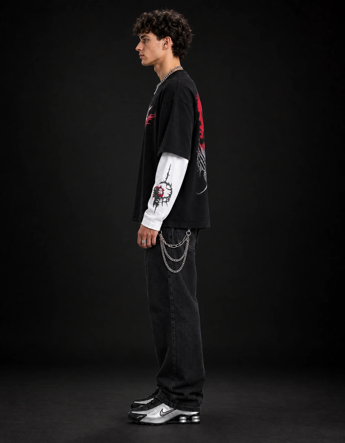 Crimson Chaos Layered Oversized  Tee — side view