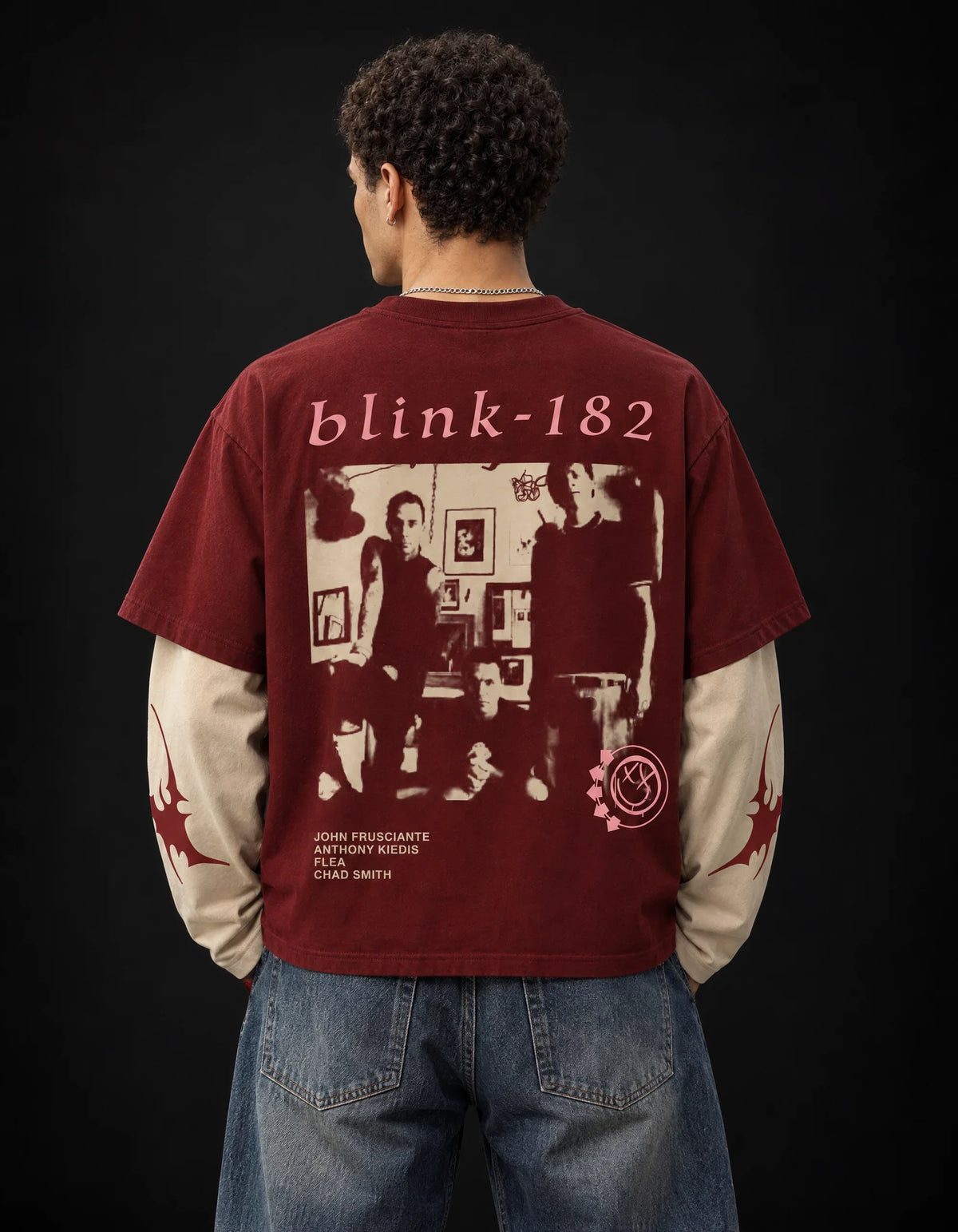 Vintage Rock Layered Oversized T-Shirt – Mahroon & Beige — back view